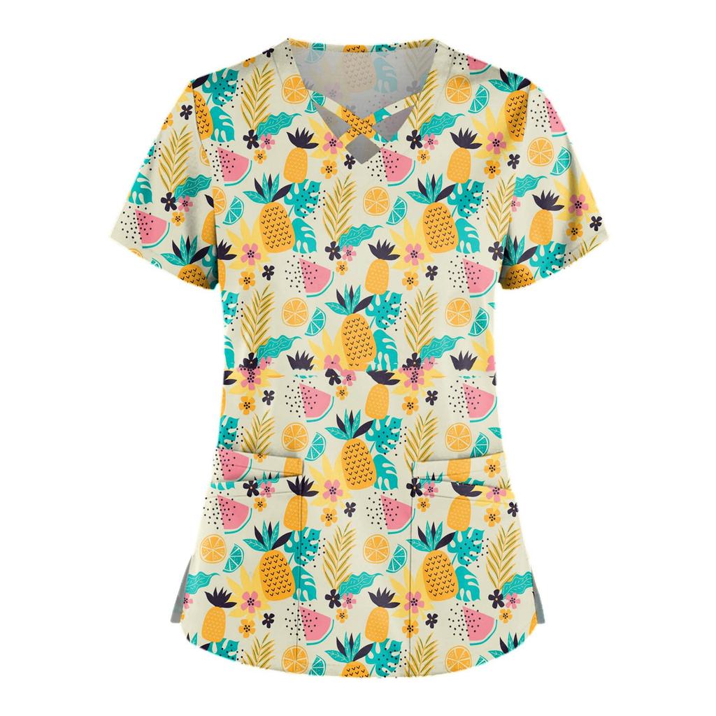 Plus rozmiar śliczny nadruk peeling roboczy jednolite topy dla kobiet krzyżowy dekolt w serek z krótkim rękawem zabawne koszulki odzież robocza Tee z kieszeniami