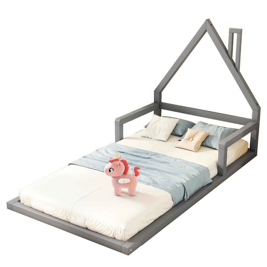 90*200cm Children's Bed, Low Bed, House Shape, Solid Pine, Simple Design, Gray