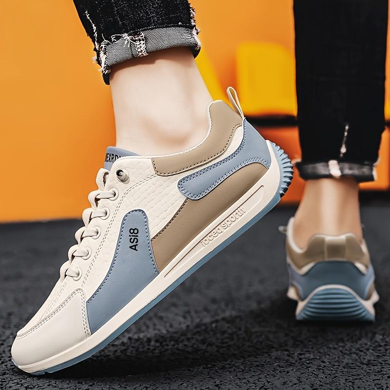 Men's Fashion Color Block Sneakers Casual Low-Top Lace-Up Shoes with Shock Absorption White/Brown/Orange Stripe Design, Ideal for All Seasons