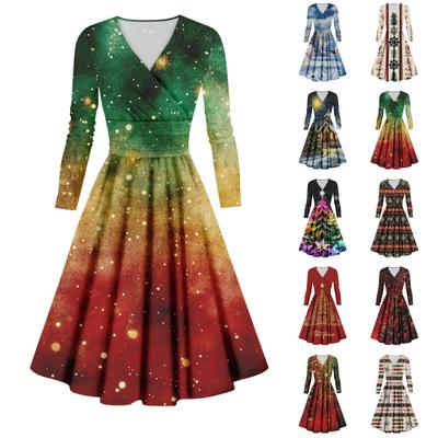 Vestido sexy con cuello en V y manga larga con estampado navideño informal y moderno para mujer