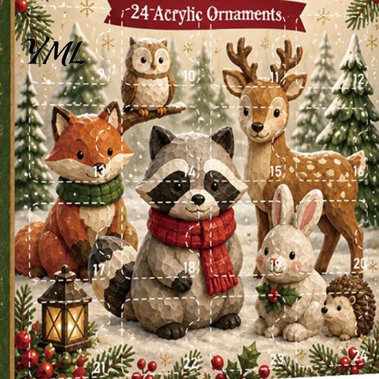 Novelty Holiday Desk Accessories Woodland Animal Advent Calendar, 24-Day Christmas Countdown Set with Forest Room Decorations Critter Ornaments,