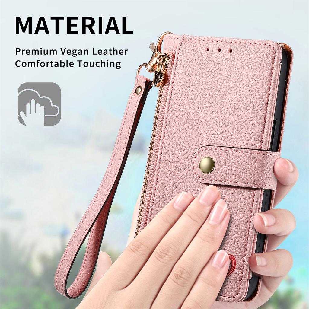 For iPhone 17 Pro Case RFID Blocking Zipper Pocket Leather Wallet Phone Cover with Strap