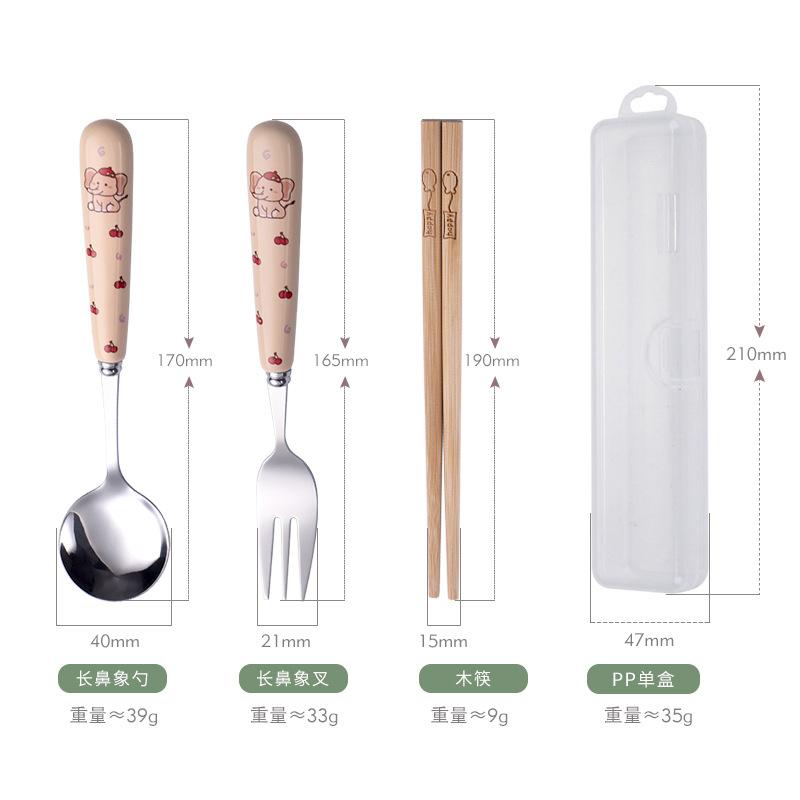 New stainless steel fork, spoon and chopsticks ceramic handle cartoon three-piece set student travel spoon chopsticks portable tableware set