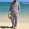 Men's Linen Long-Sleeve Lapel Shirt & Straight-Leg Pants Set for Casual Spring/Autumn Beachwear