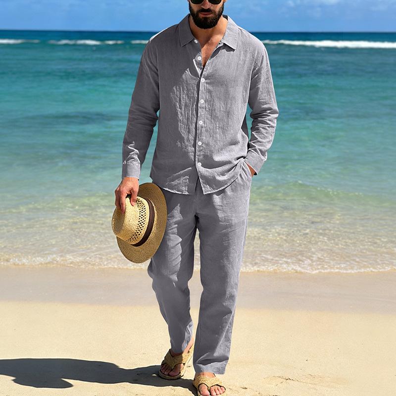 Men's Linen Long-Sleeve Lapel Shirt & Straight-Leg Pants Set for Casual Spring/Autumn Beachwear