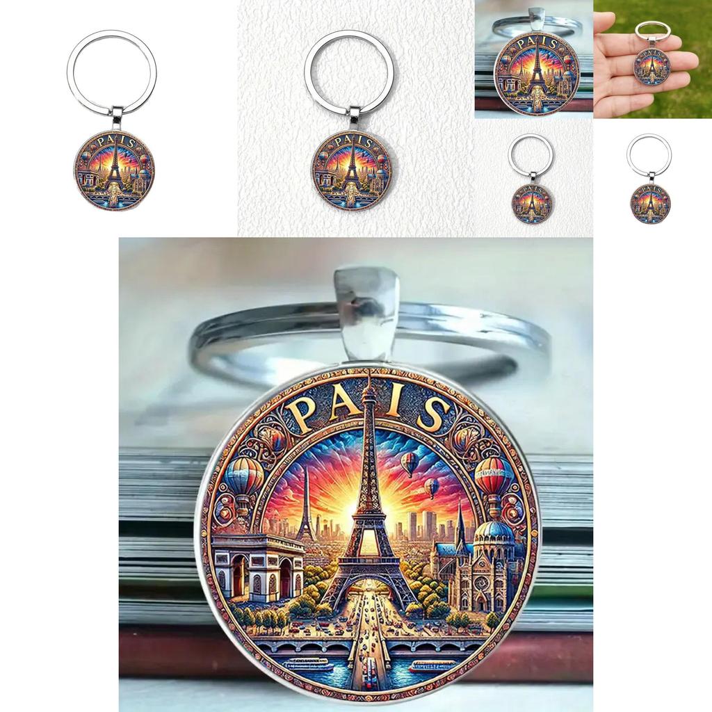 Paris Dusk Scene Keychain With Glass Alloy Pendant For Gift And Decor