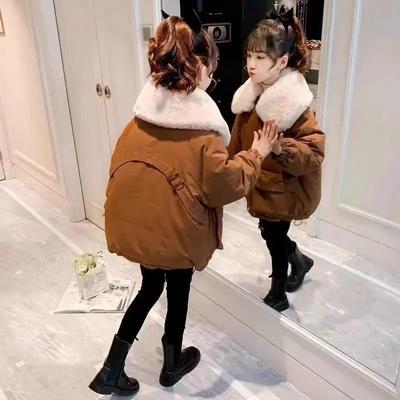 Dívčí podzimní zimní středně dlouhá bunda korejského stylu s fleecovou podšívkou