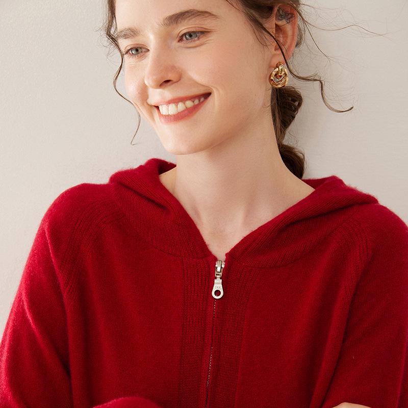 Women's Thickened Cashmere Hooded Cardigan Sweater - Loose Knit Zip-Up for Autumn and Winter