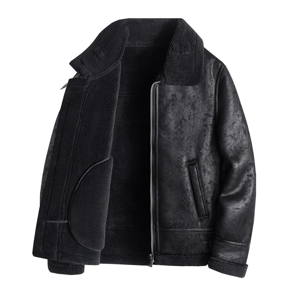 Fur All-in-one Jacket Men's Winter Velvet Thickened Motorcycle Jacket Trendy Brand Casual Jacket Cotton Jacket Lamb Velvet Leather Jacket