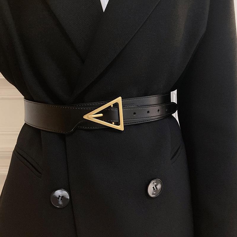 1pcs Women's Decorative Belt with Luxury Feel - New Design In 2026, Genuine Leather, Stylish Black Minimalist Wide Belt, Instagr