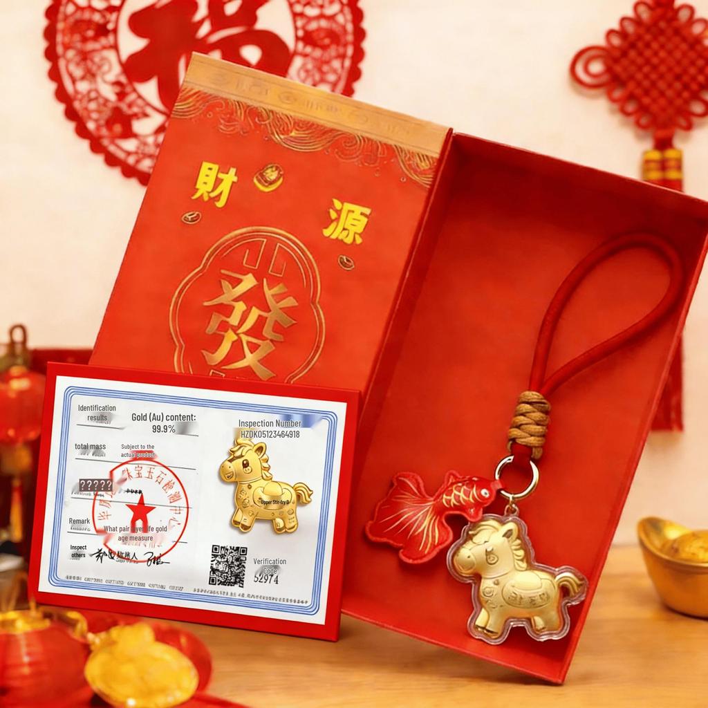 Year of the Horse Gold Keychain with Certificate: Money-Attracting Bag, Phone Pendant, and Lanyard