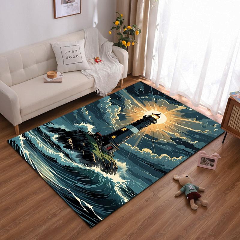 Lighthouse Illuminated Amid Stormy Waves Non-slip rug suitable for living room and bedroom sofas