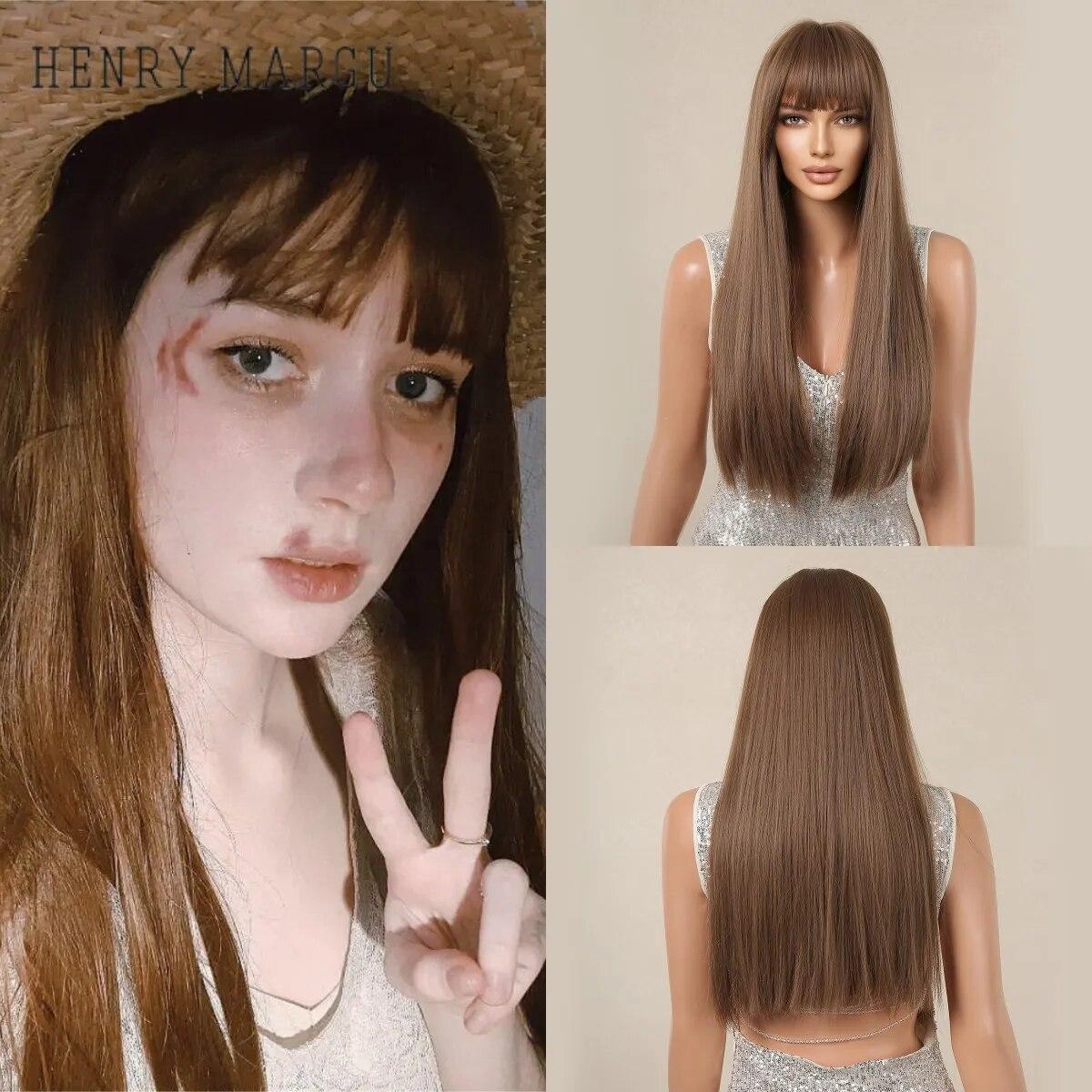 

Длинные коричневые прямые синтетические натуральные парики для косплея Айко Танака с челкой для женщин, повседневные парики из термостойких волокон, парики