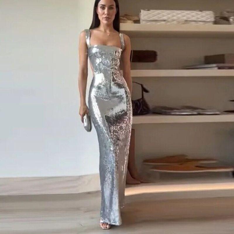 Cross-Border European and American Fashion Hot-Selling Style: Spaghetti Strap Backless Sequin Long Dress