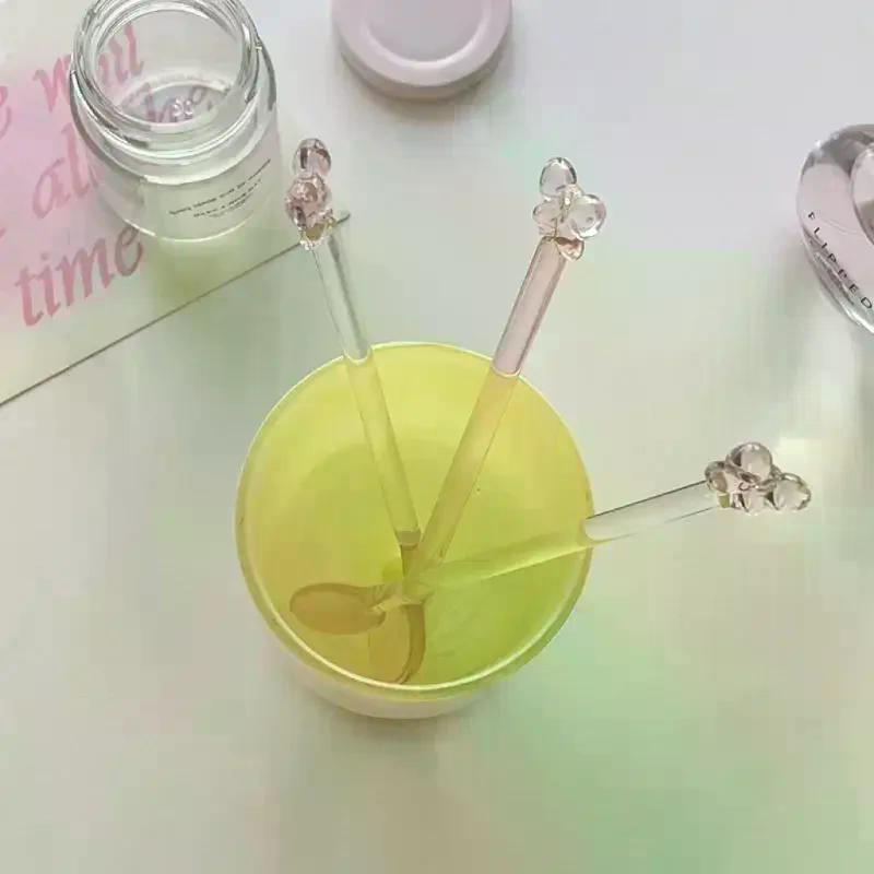 Pink Bow Glass Coffee Spoon Long Handle Heat Resistant Teaspoon For Dessert Milk Tea Stirring Household Kitchen Tool