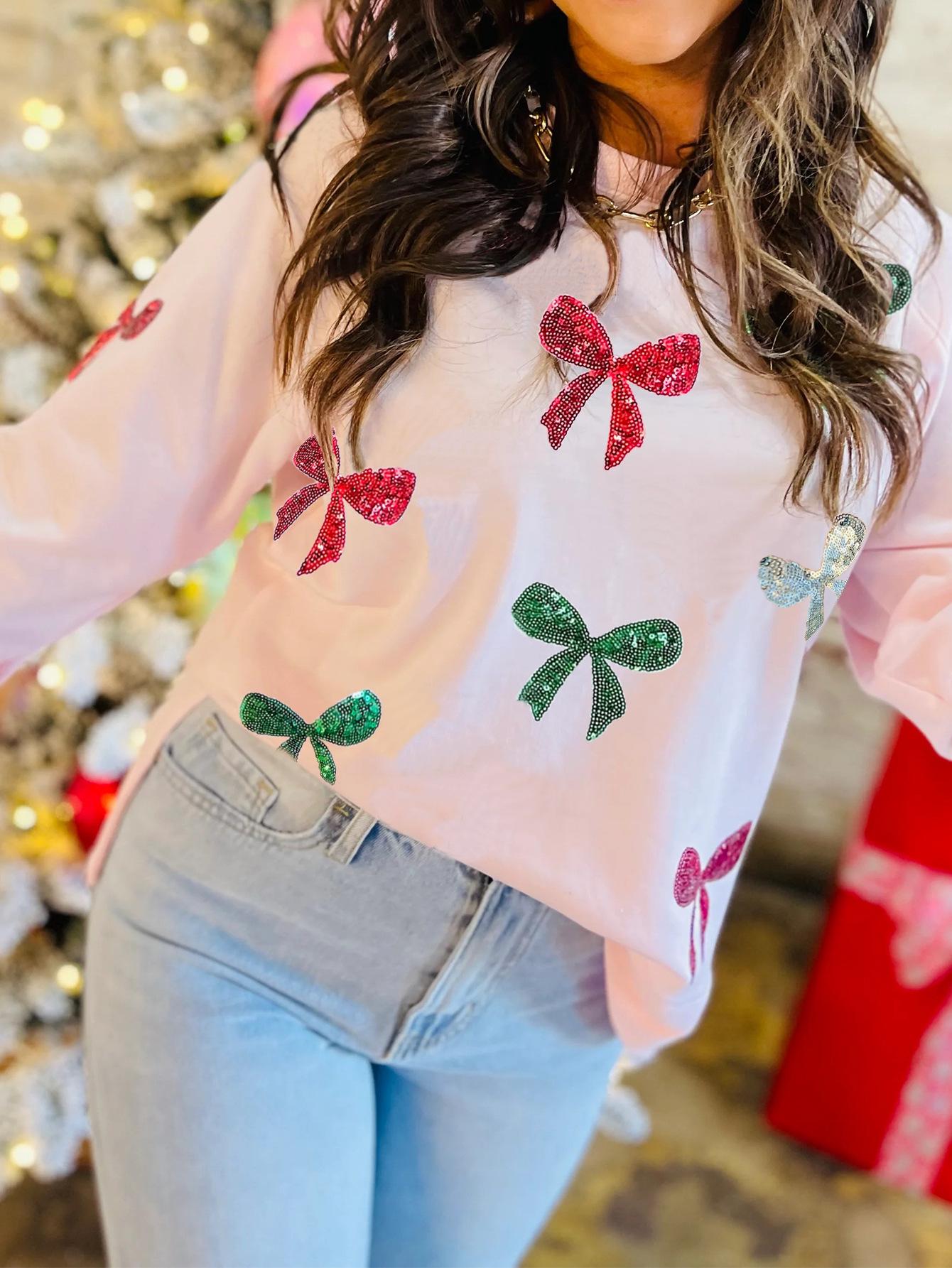 

European & Korean Sequin Bow Long-Sleeve Hoodie for Autumn/Winter Festivals & Valentine s Day Small