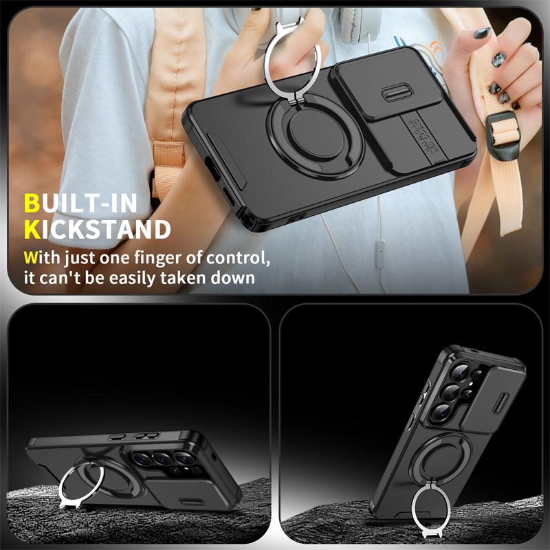Custodia Protettiva per Telefono Armatura con Protezione Scorrevole per Fotocamera per Samsung Galaxy S26 Ultra S 26 Plus S26Ultra 5G Supporto Magnetico per Auto Copertura con Anello Metallico