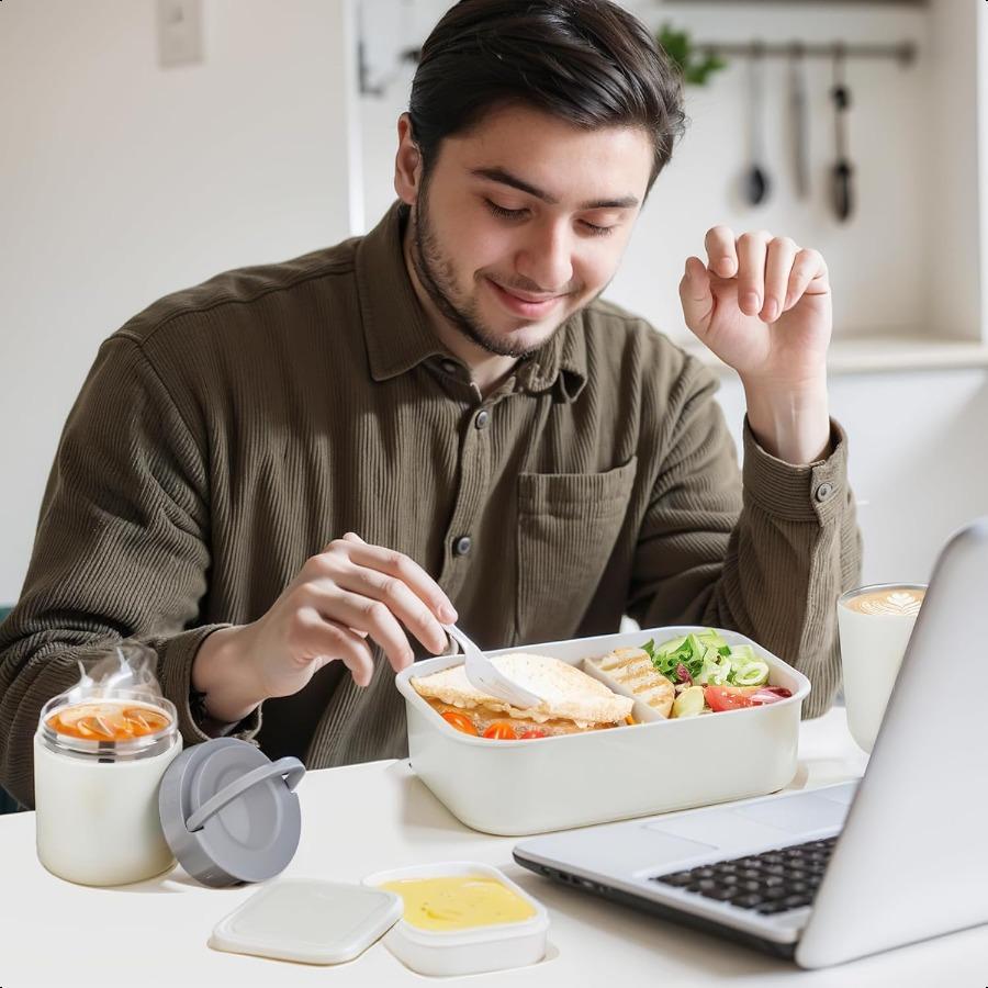 Bento Lunch Box Set with 10.5oz Soup Thermo Food Jar for Adults Stainl Steel Leakproof Lunch Container with 4 Compartment Coffe