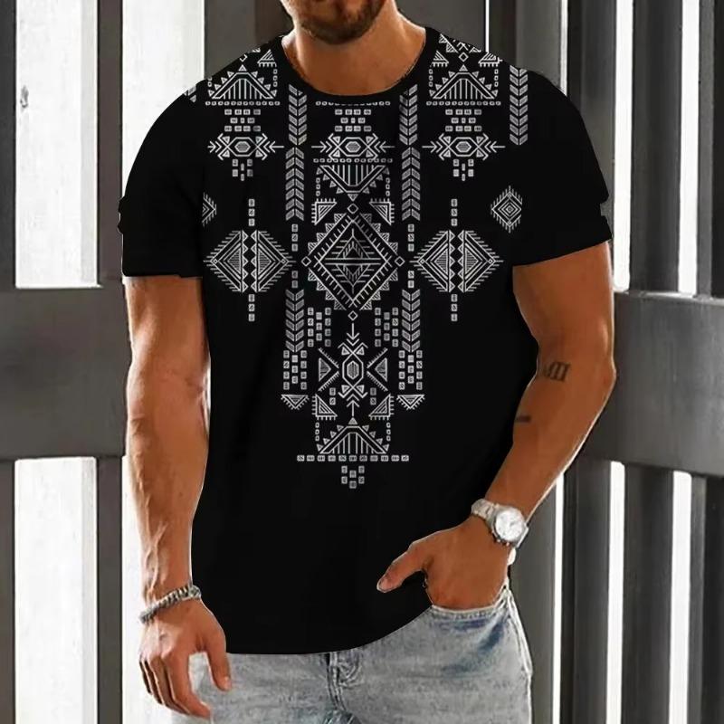 Summer Round Neck 3D Color block Print Top Fashionable Casual Short Sleeved Men's T-shirts