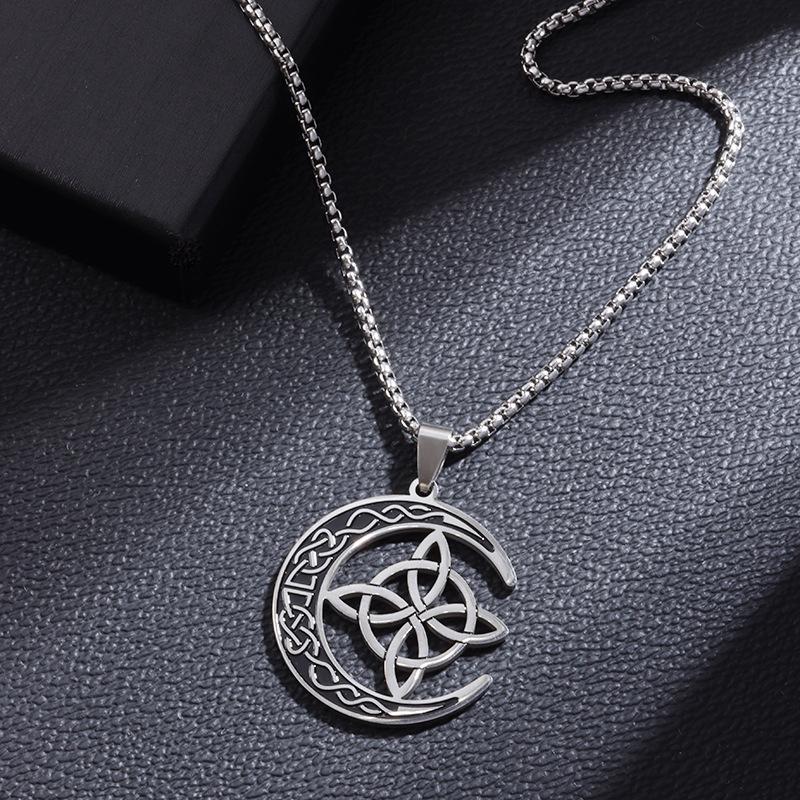 Vintage Viking Celtic Hollow Geometric Moon Pendant Necklace Unique Personalized Fashion Jewelry For Women Men Gift