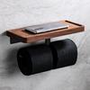 Toilet Paper Holder with Natural Walnut Wooden Shelf Tissue Roll Hanger Wall Mounted Paper Towel Bar Toilet Paper Roll Holder