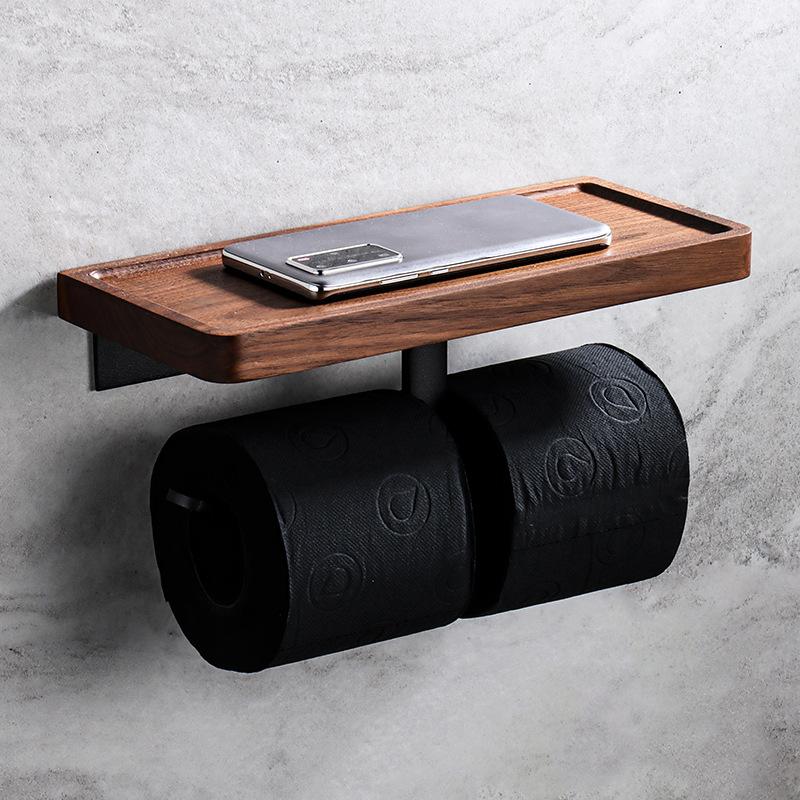 Toilet Paper Holder with Natural Walnut Wooden Shelf Tissue Roll Hanger Wall Mounted Paper Towel Bar Toilet Paper Roll Holder