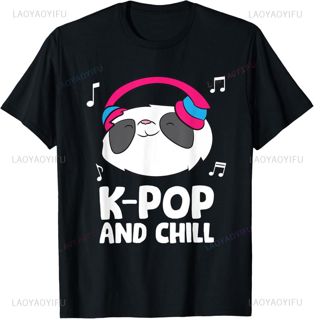 Funny Kpop Music And Chill Panda Korean Music Tshirt Unisex Summer Streetwear Tops Couple Kawayi Summer Tops