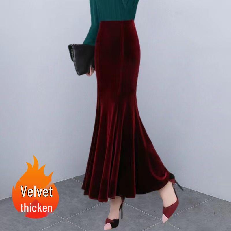 Golden Velvet High Waist Fishtail Skirt, Plus Size, Autumn/Winter 2025 Collection