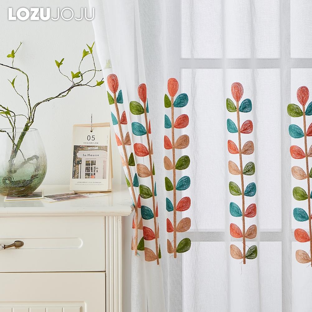 1PC LOZUJOJU White Tulle Modern Rural Style Embroidered Colorful Sheer Curtaint Window Drape for Living Room Bedroom Home Decor