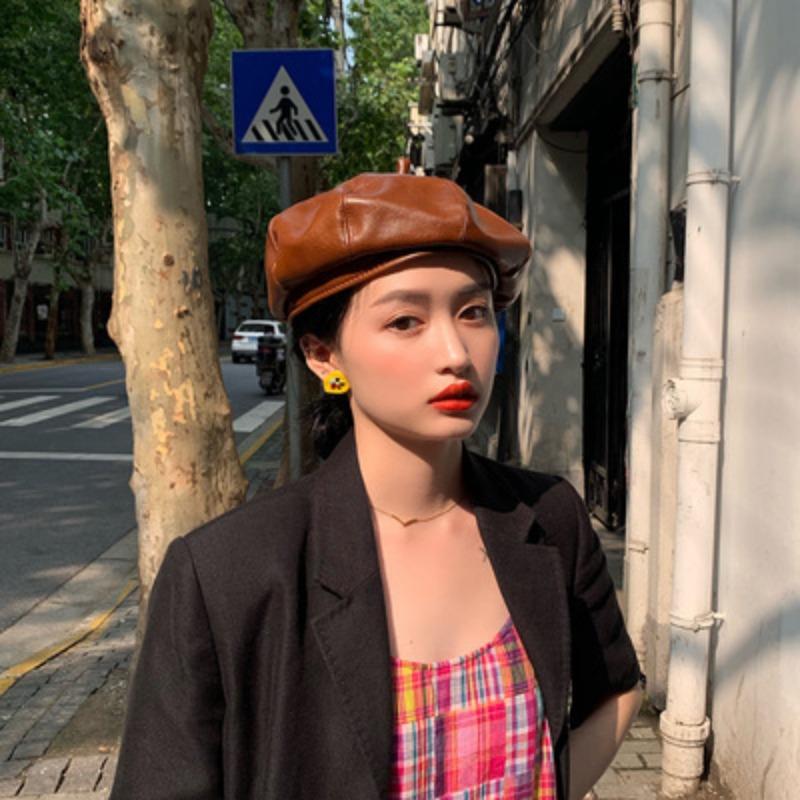 Hat Women's Fashion Retro Hong Kong Style Beret Autumn and Winter Korean Version Pu Leather British Painter Hat Versatile Literary