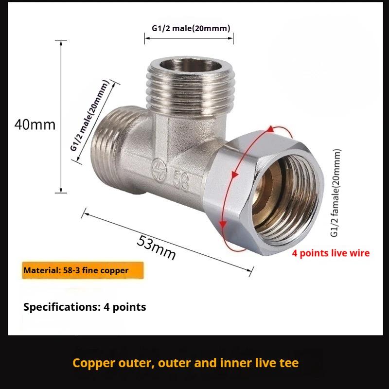 Toilet Diverter Valve Copper T Adapter G1/2" T-Valve For Bath Bidet Sprayer Shower Fitting 4 Points Copper Three-way Water Pipe