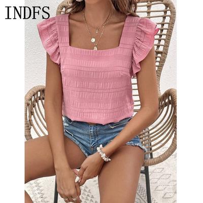 INDFS Women's Fashion Casual Summer Spring Solid Color Print Sleeveless Square Collar Blouses & Shirts