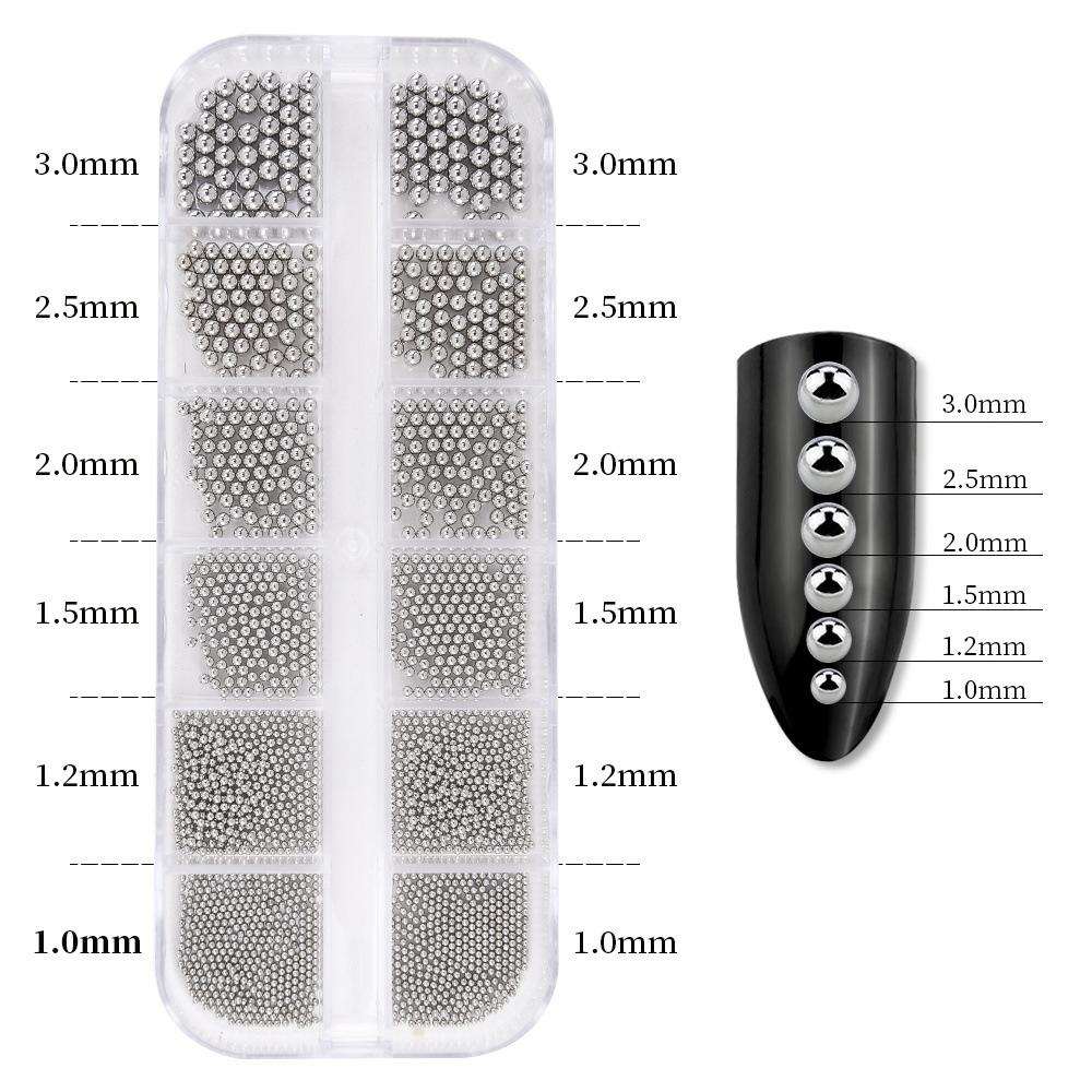 

12 сеток, золото, серебро, стальные шарики для дизайна ногтей, смешанные аксессуары для маникюра своими руками, набор для украшения ногтей 12 grid nail steel balls серебряный