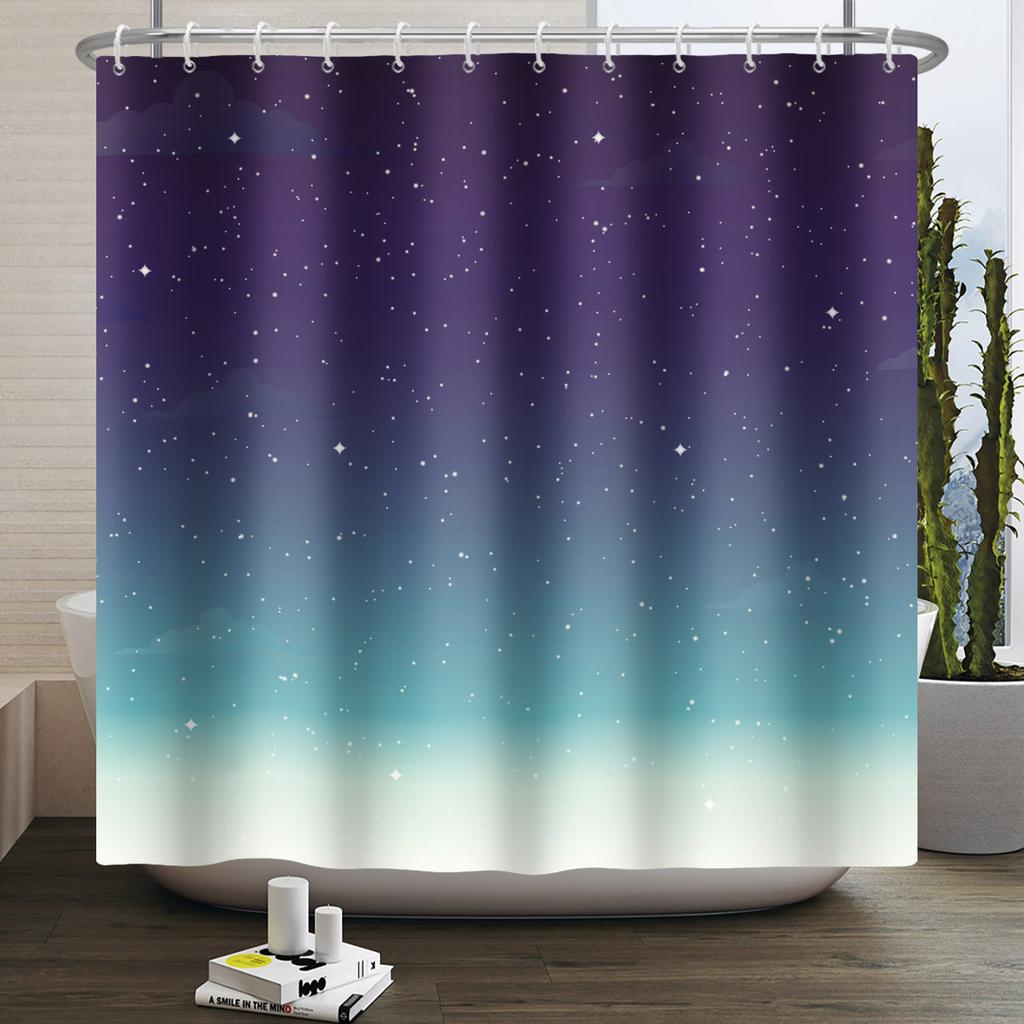 Dreamy Starry Sky Theme Modern Bathroom Curtain Aurora Planet Galaxy Moon Waterproof Polyester Shower Curtain Decor With 12 Hook