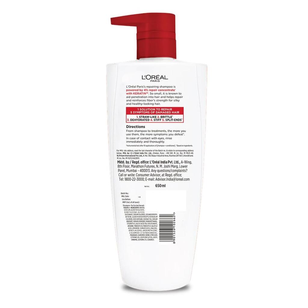 L'Oreal Paris Shampoo 650 ml | Damaged and Weak Hair | Pro-Keratin + Ceramide | Total Repair 5