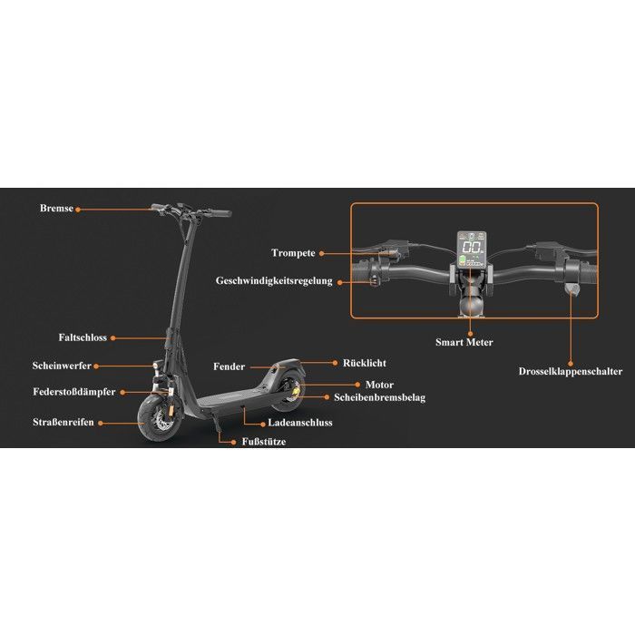 Scooter électrique JOYOR C10E certifiée ABE -- Moteur 500 W - Batterie 48 V-10,4 Ah - Pneus 10 pouces - Noir