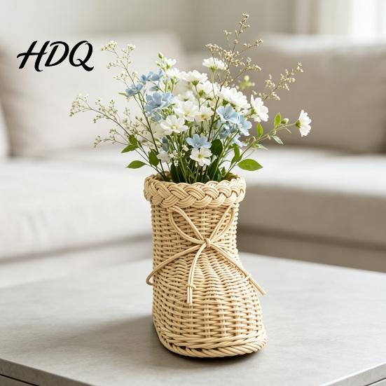 Christmas Scene Decoration Boots Shaped Imitation Rattan Storage Basket Hand Woven Decorative Container Durable Holiday Basket Large Capacity