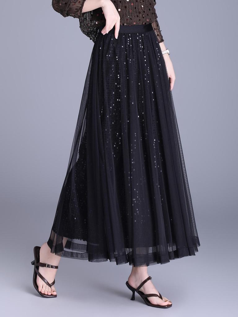 Spring 2026 Sequin Mesh A-line Midi Skirt - Slimming, Drapey, Fashionable, Casual Wear