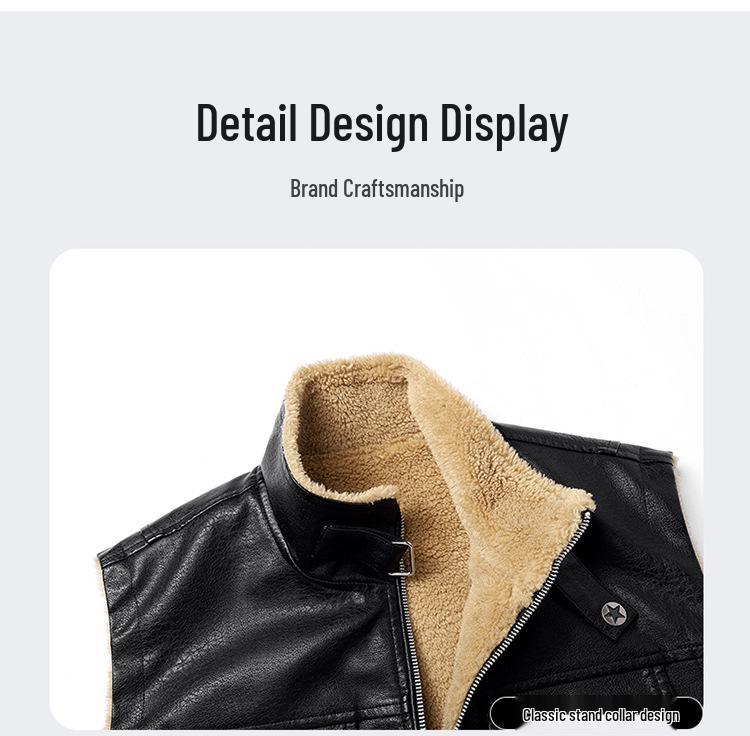 Cross2025 Men's Autumn/Winter Plus Velvet Thick Leather Vest - Youth Outdoor Casual Fashion