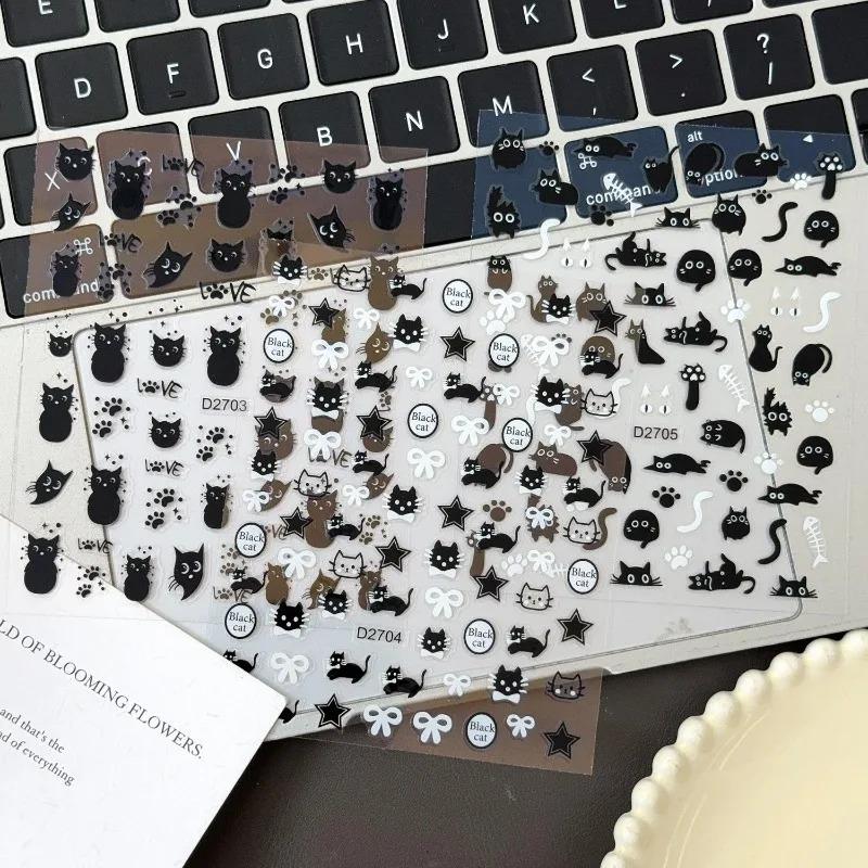 1-6pcs Black Cat Stickers Cute Cartoon Graffiti Cat Nail Stickers Art Self Adhesive Decals Heart Bowknot Stars Manicure Tools