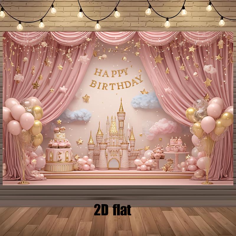 1 Piece 2D Flat Banner - Fantasy Castle Birthday Party Background: Stars, Balloons and Clouds Surround It.