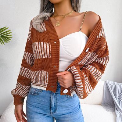 Women Autumn Winter Contrast Stripe Lantern Sleeve Cardigan Sweater