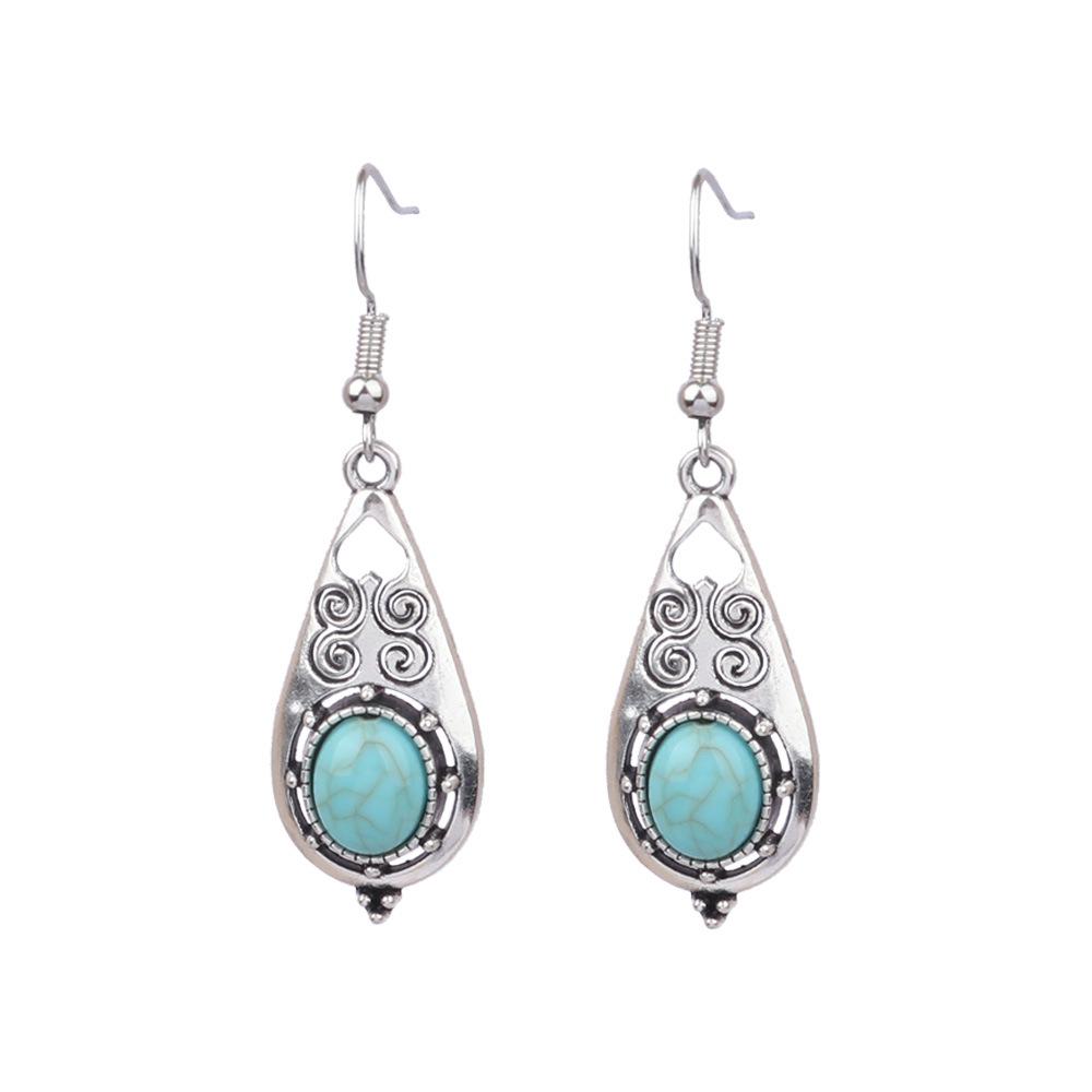 Ethnic Vintage Blue Beads Waterdrop Round Earrings for Women Boho Creative Geometric Silver Color Dangle Earrings Jhumka Jewelry
