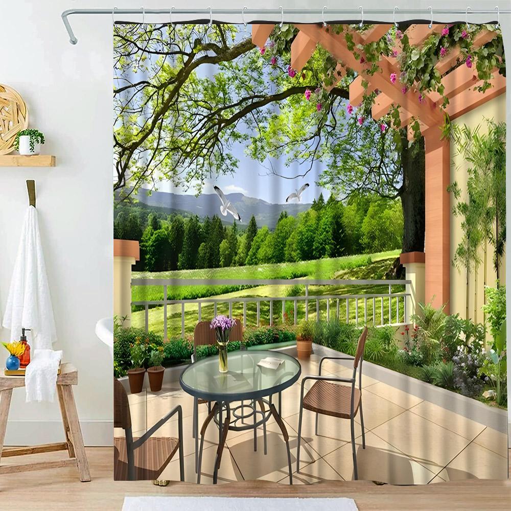 

Garden Shower Curtains Arched Door Flowers Plants Floral Bathroom Decorations Nature Scenery Polyester Bath Curtain With Hooks W60H190(CM)-1 Pcs