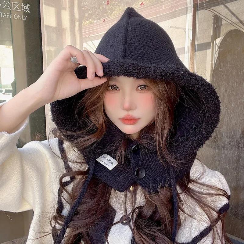 Balaclava Plush Patchwork Button Hood Scarf  Hats for Women One Autumn and Winter Neck Guard Lace-up Lazy Knitted Hat  Beanie