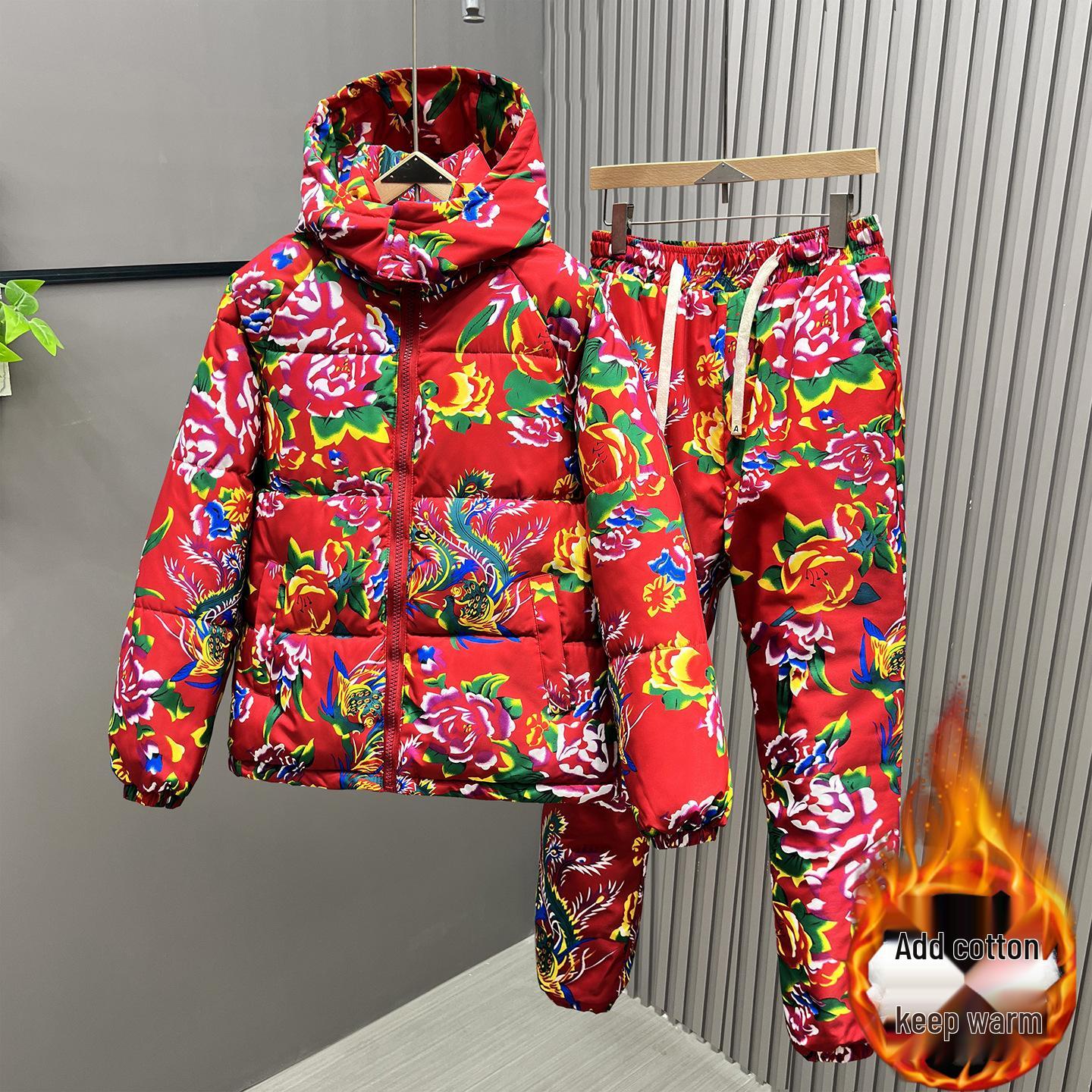 

Зимова куртка Guochao для чоловіків та жінок з квітами півонії, новий стиль, потовщений теплий бавовняний пальто 5XL