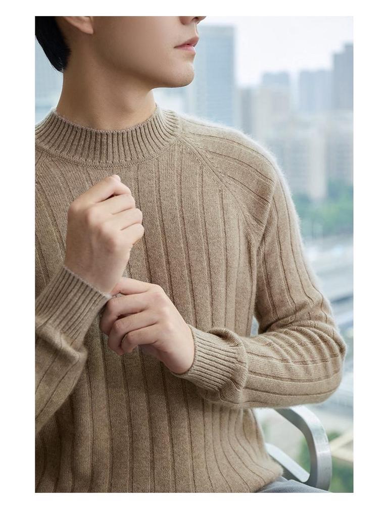 Men's Slim Fit Autumn Cable Knit Pullover Sweater - Korean Style Semi-High Neck Cashmere Shirt