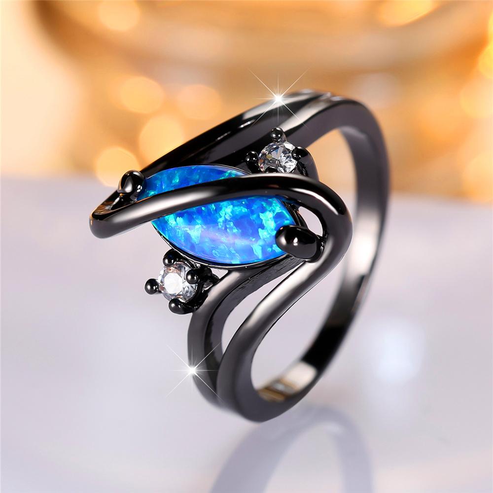 Cute Boho Female Blue Fire Opal Stone Ring Vintage Black Gold Color Wedding Jewelry For Women