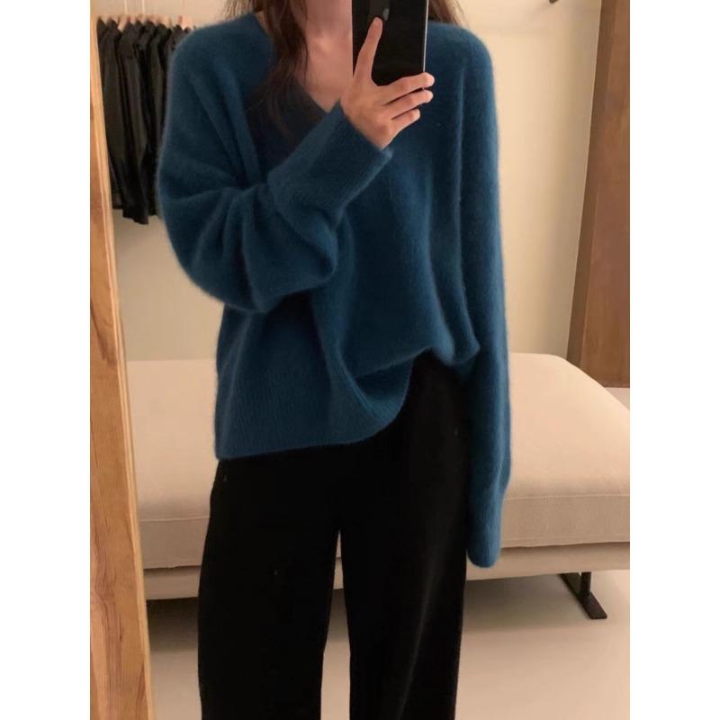 

Женский трикотажный свитер с V-образным вырезом, толстый, осенне-зимний, свободный, ленивый свитер, пуловер 3XL павлин голубой