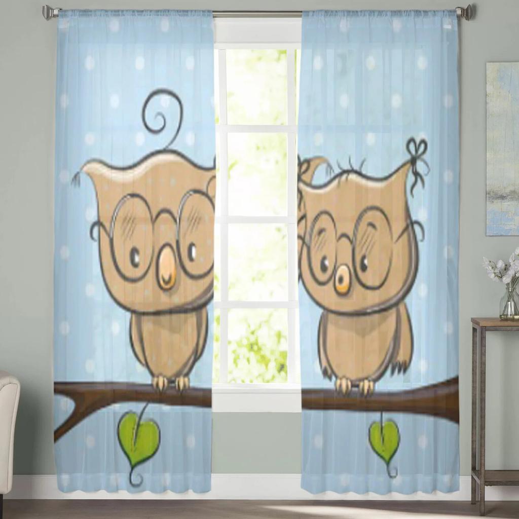 Owl On Branch Tulle Curtains For Living Room Bedroom Window Sheer Curtains Kitchen Balcony Voile Curtains